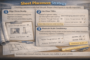 3D infographic explaining sheet placement strategy with aligned section views, clear titles, and consistent drawing scales.