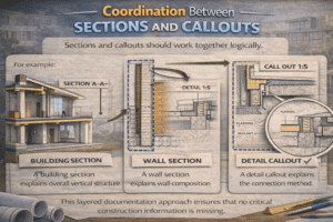 3D infographic showing coordination between sections and callouts with building section, wall section, and detailed construction callout.