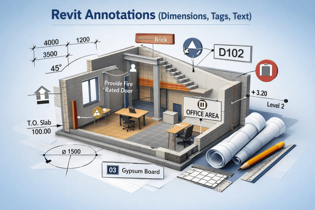 3D isometric rendering of Revit annotations showing dimensions, tags, text notes, room tags, door tag D102, level marker, and material keynote inside an office model.