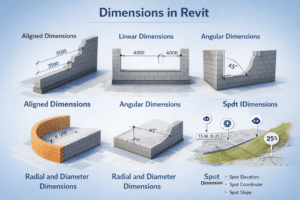 3D illustration showing Revit dimension types including aligned, linear, angular, radial, diameter, and spot dimensions with elevation, coordinate, and slope examples.
