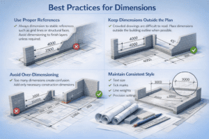 3D infographic showing best practices for Revit dimensions including proper references, placing dimensions outside the plan, avoiding over-dimensioning, and maintaining consistent style.