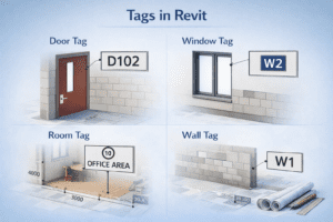 3D illustration showing Revit tags including door tag D102, window tag W2, room tag with room number and name, and wall type tag W1.