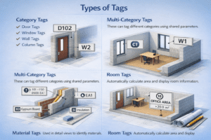 3D infographic showing types of Revit tags including category tags, multi-category tags, material tags, and room tags in an architectural model.