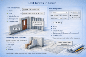 Text Notes in Revit

Text notes are used to add written instructions in drawings. While tags pull automatic data, text notes are manually written.

They are useful for:

Construction instructions

Clarifications

General notes

Detail descriptions

Text Properties

Text notes have adjustable properties such as:

Font

Size

Width factor

Background (Opaque or Transparent)

Leader style

These settings should follow office standards.

Working with Leaders

Leaders connect text to elements. They can be:

Straight

Arc

Elbow

Use leaders when placing text away from crowded areas.