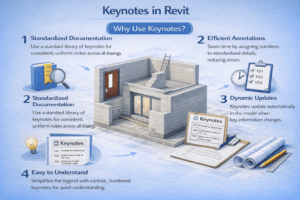 3D infographic explaining Keynotes in Revit and why to use them, showing standardized documentation, efficient annotations, dynamic updates, and numbered keynote legend.