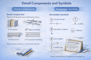 3D infographic showing Revit detail components and annotation symbols including insulation, rebar symbols, break lines, concrete hatching, section heads, elevation markers, grid bubbles, and level heads.