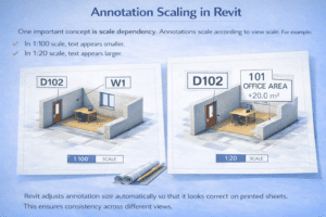 3D infographic demonstrating annotation scaling in Revit, comparing 1:100 and 1:20 view scales with automatically adjusted text and tags.