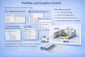 3D infographic explaining Visibility and Graphics Control in Revit, showing VG settings, annotation categories, view templates, and filters managing tags and dimensions.