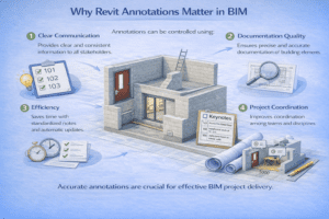 3D infographic explaining why Revit annotations matter in BIM, showing dimensions, tags, text notes, and coordinated construction documentation.