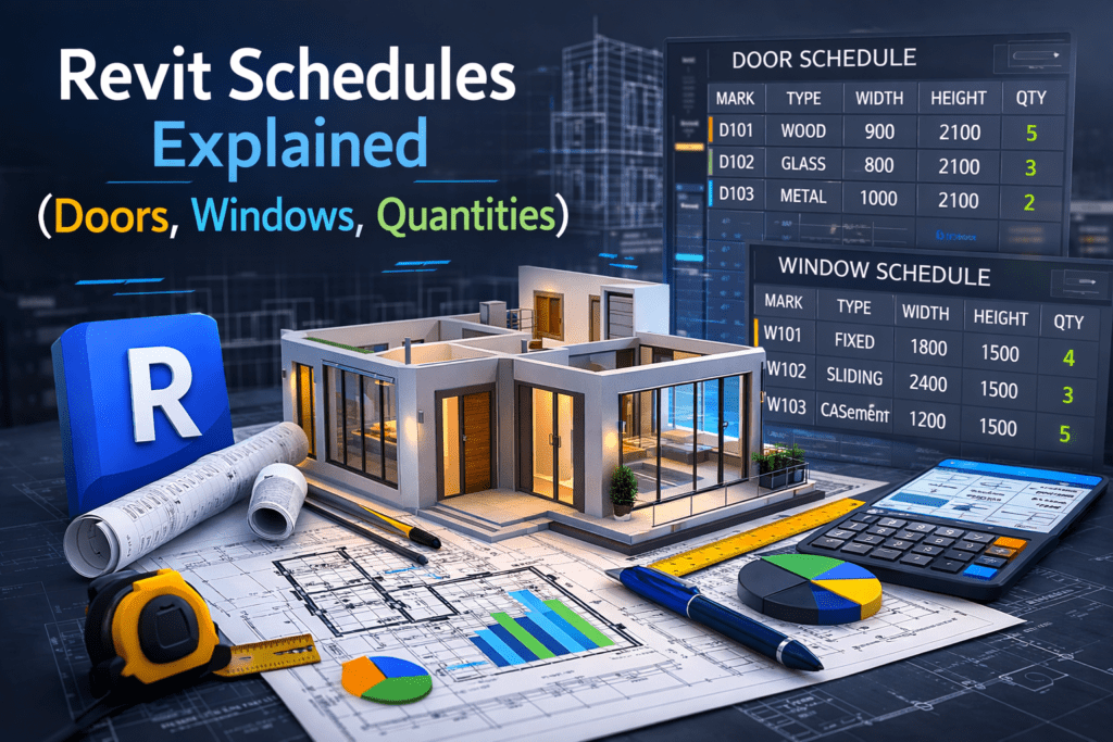 3D illustration of Revit schedules showing door schedule, window schedule, and quantity tables with a modern house model and architectural blueprints.