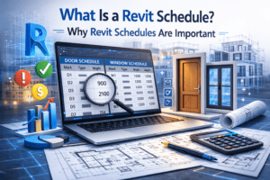 3D illustration explaining what a Revit schedule is and why Revit schedules are important, showing door and window schedule tables on a laptop with architectural blueprints.