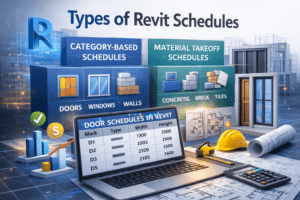 3D illustration of types of Revit schedules including category-based schedules, material takeoff schedules, multi-category schedules, and door schedules in Revit.
