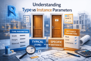 3D illustration explaining Type vs Instance parameters in Revit with door examples and parameter comparison tables.