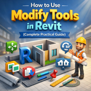 3D illustration showing Autodesk Revit modify tools including move, rotate, align, trim, and offset used for BIM modeling