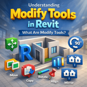 3D illustration explaining what modify tools are in Autodesk Revit, showing move, copy, rotate, align, and mirror tools
