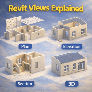 3D illustration showing Revit plan, section, elevation, and 3D views of a building model