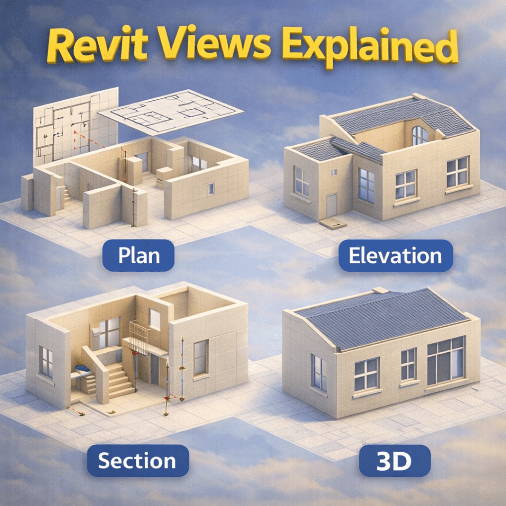 3D illustration showing Revit plan, section, elevation, and 3D views of a building model