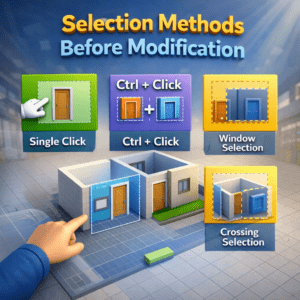 3D illustration showing selection methods in Revit including single click, Ctrl plus click, window selection, and crossing selection before modification