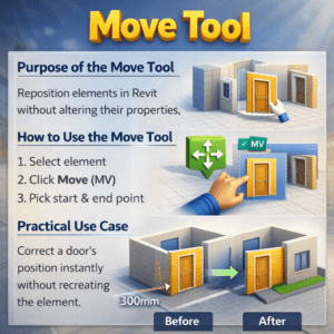 3D illustration explaining the Move Tool in Revit, showing its purpose, how to use it, and a practical door repositioning example