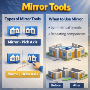 3D infographic showing two axis-based methods for creating symmetrical building layouts with before and after examples