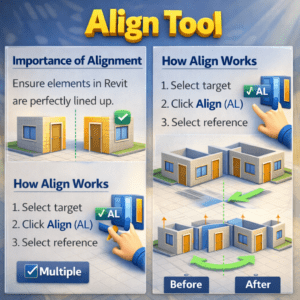 3D infographic showing building elements adjusted to the same reference edge with step-by-step visuals and best practice guidance