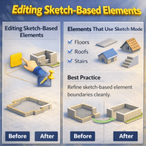 3D infographic showing floor and roof elements being edited through line-based adjustments with best practice guidance