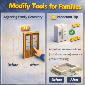 3D infographic showing parametric building objects being reshaped using reference points and size controls
