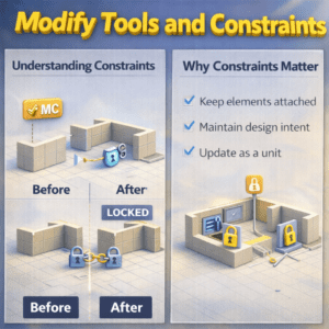 3D infographic showing building elements maintaining fixed positions and proportions during layout changes