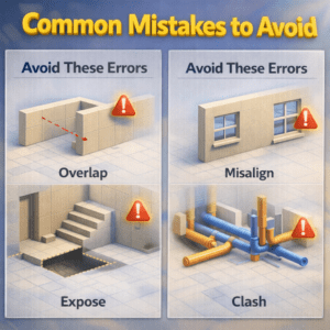3D infographic showing common workflow errors highlighted with warning icons and incorrect modeling examples
