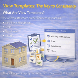 3D illustration showing a house model connected to a settings panel with icons for visibility, scale, detail level, and filters