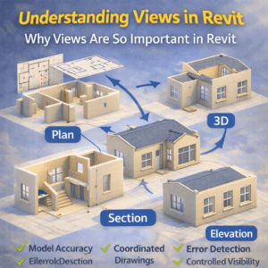 3D illustration showing how plan, section, elevation, and 3D views work together in a Revit building model