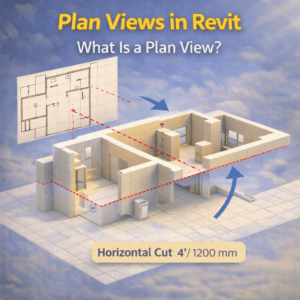 3D illustration explaining a Revit plan view using a horizontal cut through a building model