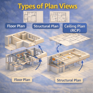 3D illustration showing floor plan, structural plan, and ceiling plan types using a building model