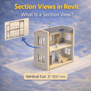 3D illustration explaining a Revit section view using a vertical cut through a two-story building