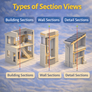 3D building model opened vertically to reveal interior floors, stairs, rooms, and roof structure