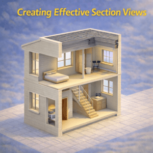 3D building model opened to show interior rooms, stairs, furniture, and roof structure across two floors