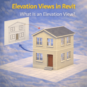3D house model showing the front exterior with windows, door, roof, and a matching line drawing