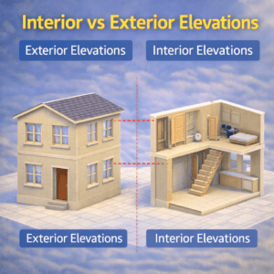 3D house model comparing outside walls and roof with inside rooms, stairs, and furniture