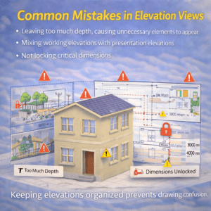 3D infographic showing common mistakes in architectural drawings, including excessive depth, mixed drawing types, and unlocked dimensions