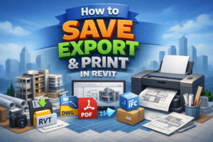 3D illustration showing a Revit workflow with saving project files, exporting to PDF, DWG, and IFC formats, and printing construction drawings.