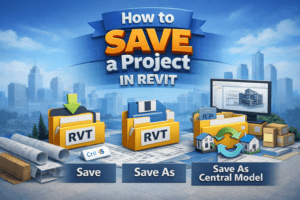 3D illustration showing Revit save options including Save, Save As, and Save As Central Model with project files and building models.