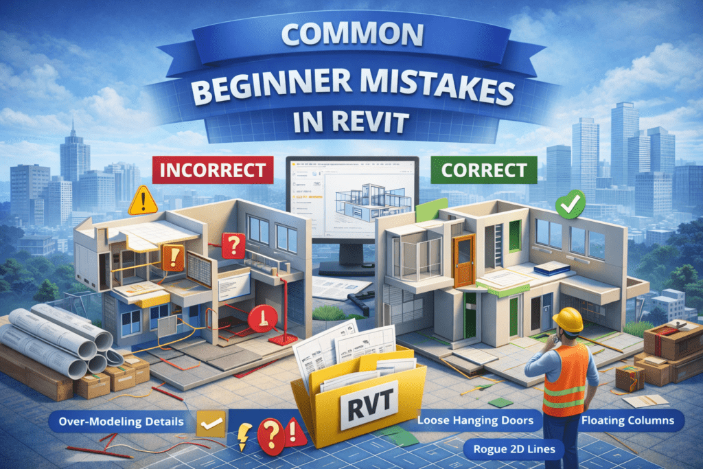 3D illustration showing common beginner mistakes in Revit with incorrect and correct building models side by side, highlighting modeling errors and proper BIM practices.