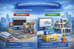 3D illustration explaining the difference between thinking of Revit like AutoCAD and using the correct BIM modeling approach with data-rich elements.
