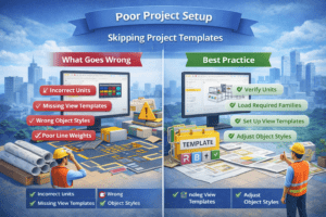 3D illustration showing poor project setup in Revit when skipping project templates versus best practice using a proper template.