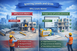 3D illustration showing the impact of ignoring levels and grids in Revit compared with proper use for organized and accurate modeling.
