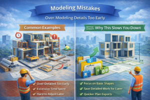 3D illustration showing modeling mistakes in Revit caused by over-modeling details too early compared with a simplified workflow.