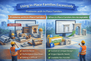 3D illustration showing problems caused by excessive use of in-place families compared with acceptable cases in Revit modeling.