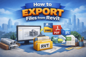 3D illustration showing a Revit project file connected to DWG, PDF, IFC, and spreadsheet formats through visual icons.