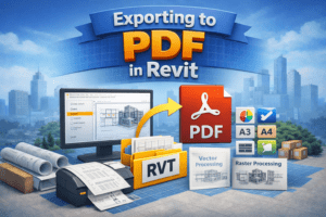 3D illustration showing a Revit project file moving from a computer screen to a document format with layout and processing options.