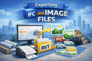 3D illustration showing a Revit project file connected to IFC data and image formats like JPG, PNG, and TIFF.